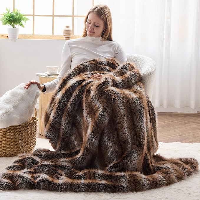 NEWCOSPLAY Faux Fur Thick Throw Blanket for Couch,Stripe Dark Brown,50"x60" | Luxury Fluffy Thick Warm Blanket for Couch Sofa Bed 1000GSM, Soft Plush Cozy Decorative Throw, Gift for Women Men