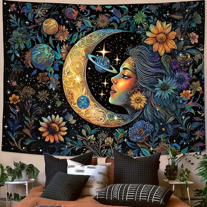 Accnicc Sun and Moon Tapestry for Bedroom Hippie Boho Floral Flower Plant Wall Tapestry Aesthetic Vintage Galaxy Celestial Star Spiritual Large Tapestries Wall Hanging for Living Room Dorm 80 x 60 Inch