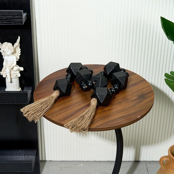 2" Octagonal Extra Large Wood Bead Garland with Tassels, 42" Long Rustic Farmhouse Wooden Beads Garland with Tassels, Decorative Beads Boho Decorations for Home Table Mantle Black