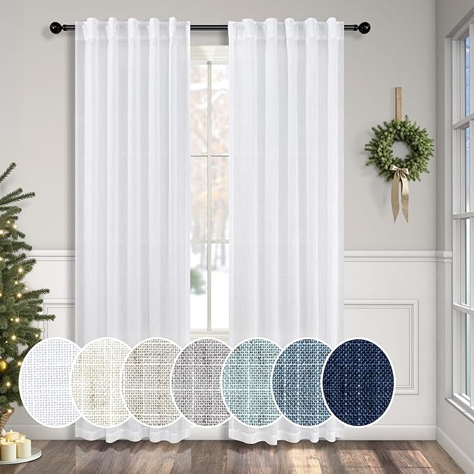White Linen Curtains 38 Inch Wide for Bedroom 2 Panels Back Tab Rod Pocket Lightweight Flowy Cotton Textured Semi Sheer Boho Farmhouse Curtains for Living Room Classic Vintage Decor Width 38x84 Long