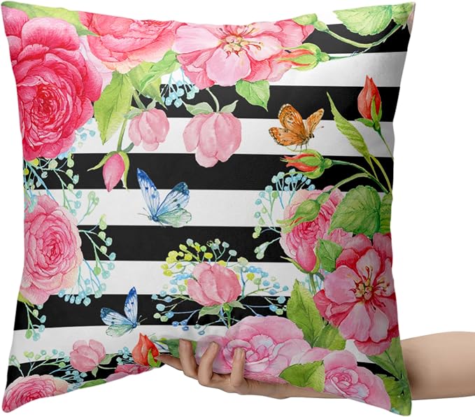 Spring Summer Pillow Covers 22x22 Set of 2 Rose Throw Pillow Covers Butterfly Flowers Pillow Case Black Stripes Cotton Blend Cushion Case for Home Decor Couch Sofa