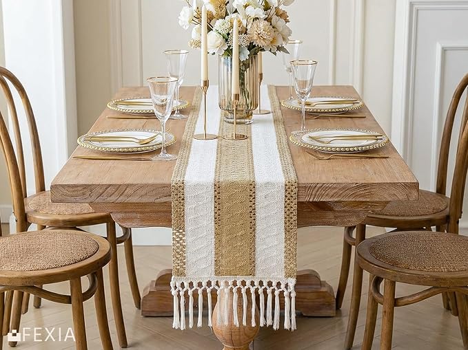FEXIA Boho Table Runner with Tassels Brown for Fall Home Decor 12x72 Inch | Farmhouse Rustic Table Runner Macrame Burlap Woven Dinning Decoration for Living Room Bridal Shower decorations