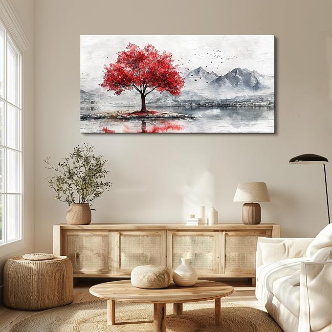 QIYILEXWART Large Wall Decor For Living Room Canvas Wall Art For Office Modern Wall Decorations For Bedroom Red Tree Landscape Painting Farmhouse Pictures Artwork Room Home Decor 24x48 In