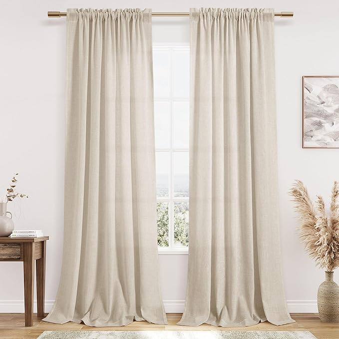Cream Beige Linen Curtains 84 Inches Long Rod Pocket Semi Sheer Dining Room Cozy Bedroom Decor Cotton Look Country Rustic Farmhouse Boho Curtains 2 Panel Set,52x84
