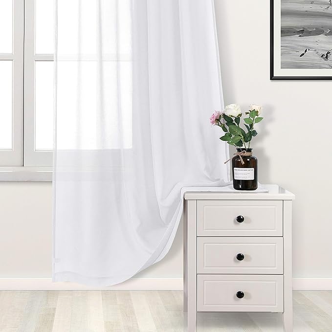 DWCN White Sheer Curtains, Faux Linen Look Grommet Window Semi Sheer Curtains Drapes for Bedroom Living Room Set of 2 Panels, 52 x 90 Inch Long