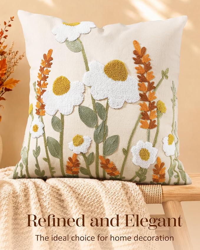 Wildflower Embroidered Throw Pillow Cover 18x18 Inch Fall Floral