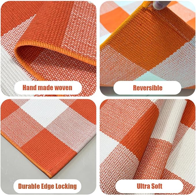 USTIDE Buffalo Plaid Outdoor Rug 4' x 6' Orange and White Check Christmas Check Indoor Area Rug Washable Cotton Woven Rug Layering Rug for Welcome Door Mat Farmhouse Front Porch Entryway
