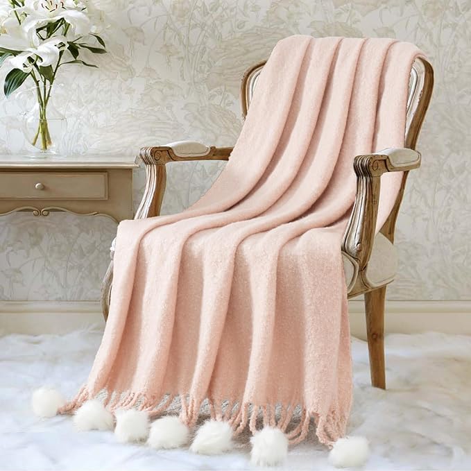 Pink Pom Pom Throw Blanket for Couch, 50"X60" Soft Lightweight Knitted Farmhouse Decorative Blankets for Bed and Sofa
