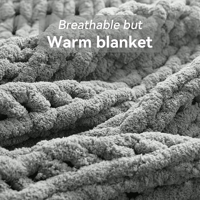 Negwoo Chunky Knit Throw Blanket, Knitted Throw Chenille Yarn, 60"*80" | Soft Thick Cable Knitted Blankets, Handmade Big Thick Blanket, Machine Washable Cute Comfy Blanket for Home Decor, Light grey