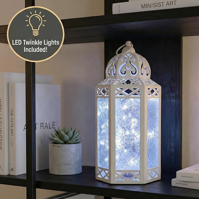 Vela Lanterns Decorative Indoor White Fairy Light Wedding Candle Holder, L | Fantasy Moroccan Decor, Ramadan & Eid Table Centerpieces, Metal Hanging Flameless LED Lamp, Outdoor Porch Patio, 12" Tall
