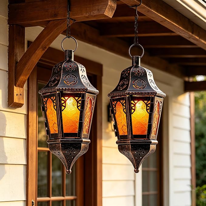 Ramadan Lantern Decorative Indoor & Outdoor, 2 PCS 13.6’’ Vintage Decorative Hanging Lanterns with Chain for Home Porch Patio Decor, Metal Christmas Moroccan Candle Holder Decorations (Amber)