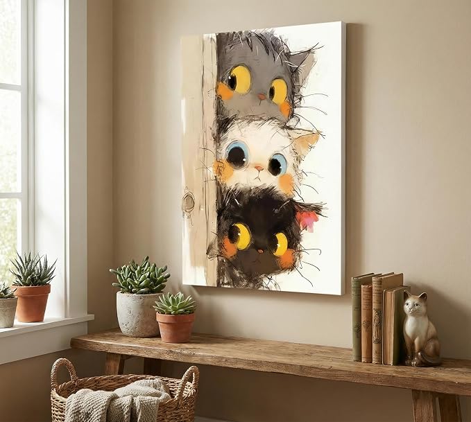 Cute Little Kitten Canvas Wall Art Funny Cartoon Cat Wall Decor Picture | Three Peeping Kittens Poster Print for Kids Room Bathroom Dining Room Nursery Cat Lovers Painting Artwork Home Decoration