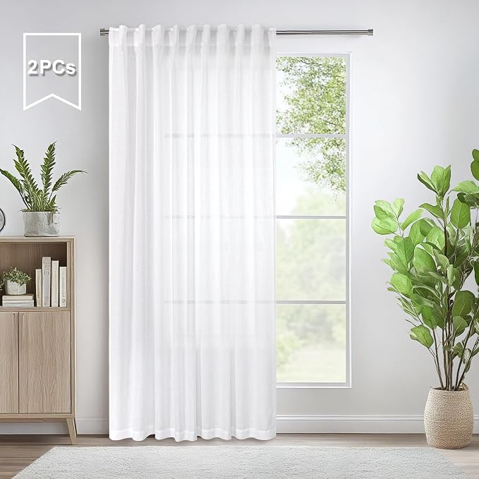 Pitalk 60 Inch Wide Curtains for Living Room 2 Panels Back Tab Pocket Drape Semi Sheer Linen Extra Large Curtains for Home Office Hotel Flat Family Sunroom Loft 5 FT Width by 9 FT Long 60 x 108 White