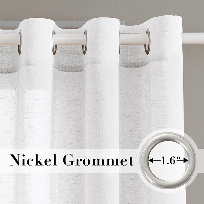 H.VERSAILTEX Linen Curtains Nickel Grommet Natural Linen Semi-Sheer Curtains 2 Panels Privacy Added Premium Soft Rich Material Drapes for Bedroom/Living Room - 37x84 Inch- Pure White