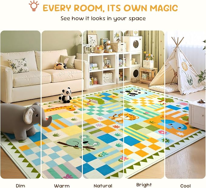 5x7 Soft Washable Playroom Rug, Non-Slip Green Safari Jungle Animal Area Rug, Cute Colorful Checkered Woodland Carpet for Girls Bedroom Decor