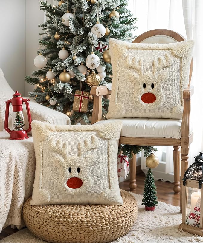 Christmas Pillow Covers Set of 2 Soft Plush Faux Fur Pillow Cases 3D Embroidered Decorative Couch Cover Home Decor Christmas Throw Pillow Covers 18x18,Beige Reindeer