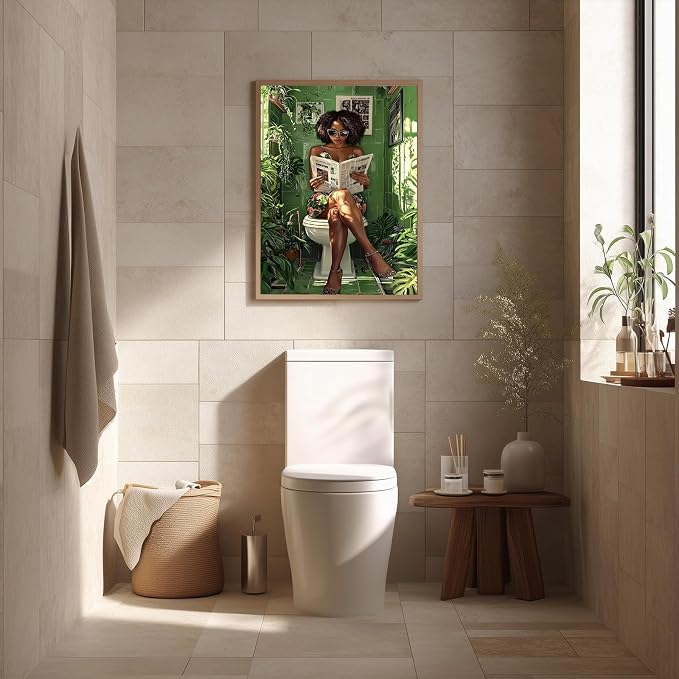 YUECOSHMAO African American Bathroom Decor Wall Art Dark Green Bathroom Mural Art Black Woman Reading in Green Botanical Toilet Poster Black Stylish Aesthetics Room Decoration 16X24 Inch Unframed