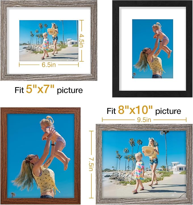 Vittanly 8x10 Picture Frames Set of 9, Black&Walnut Brown&Dark Grey | Display Pictures 5x7 with Mat or 8x10 without Mat, Small Photo Frames, Engineered Wood with Shatter Resistant Plexiglass