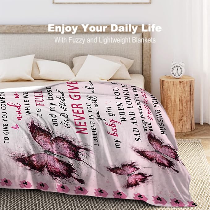 Daughter Blanket from Mom, Daughter Gifts from Mom, Daughters Birthday Gifts, Christmas Birthday Gift for Daughters Adult, Soft Flannel Throw Blanket, Pink Butterfly, 60"x50"