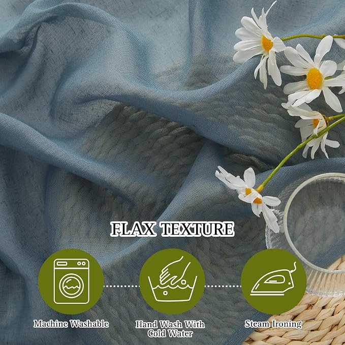 NICETOWN Linen Sheer Curtains for Bedroom, Grommet Semi Sheer Window Drapes Privacy with Light Filtering Casual & Rustic for Bedroom/Farmhouse, Smoke Blue, 2 Panels, W52 x L63