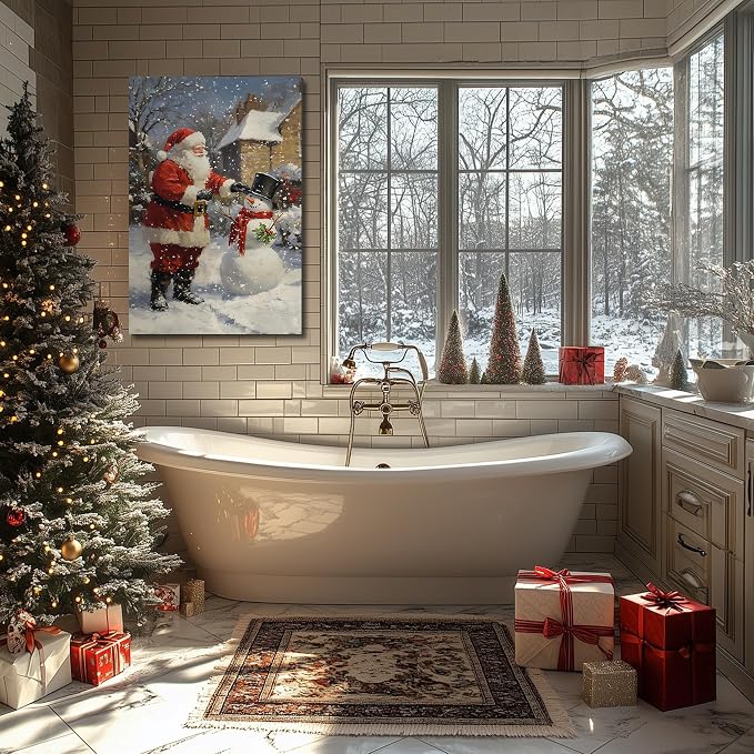 FLZYKGPA Christmas Wall Art Prints 24x36, Winter Christmas Picture Wall Decor Santa Snowman Canvas Artwork for Bathroom, Snow Scene Street Aesthetic Posters for Bedroom, Christmas Holiday Decor