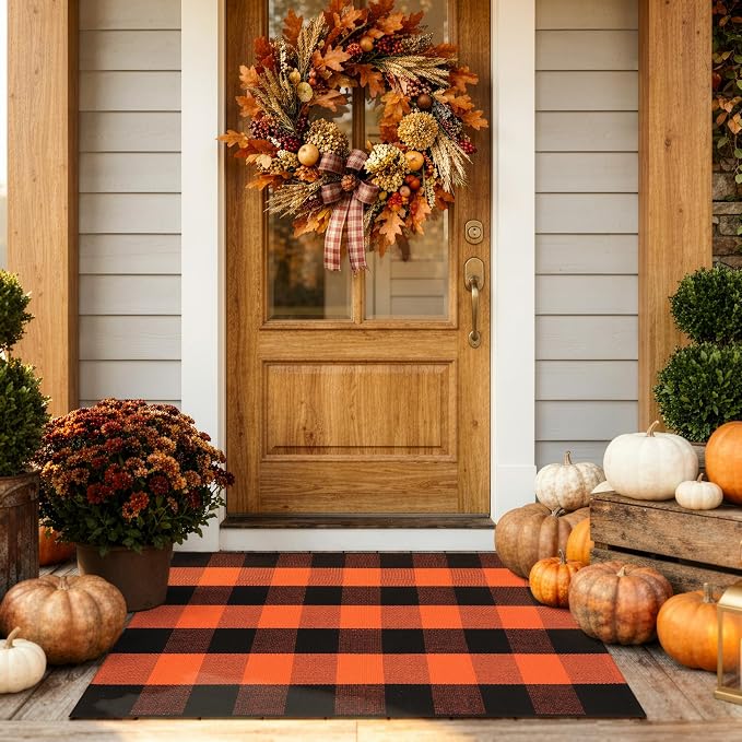 LEEVAN Halloween Buffalo Plaid Outdoor Rug, Fall Decor Front Porch Rug | 2'4" x 3'7" Black and Orange Washable Thanksgiving Layered Door Mat, Cotton Woven Fall Entryway Rugs for Kitchen Patio