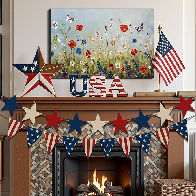Framed American Flag Butterfly Wildflower Wall Art, Patriotic Floral Canvas Art Pictures, USA Flag Wall Decor, Made in USA Ready to Hang for Living Room Bedroom
