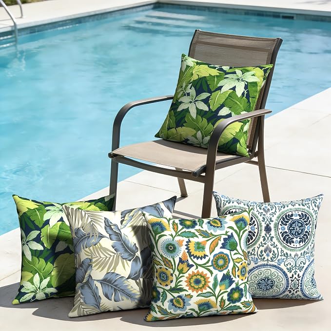 Outdoor Pillow Covers Waterproof 20x20 Inch Set of 2 Lush Palm Blue Decorative Outside Patio Furniture Cushion Cases Decor for Porch Garden