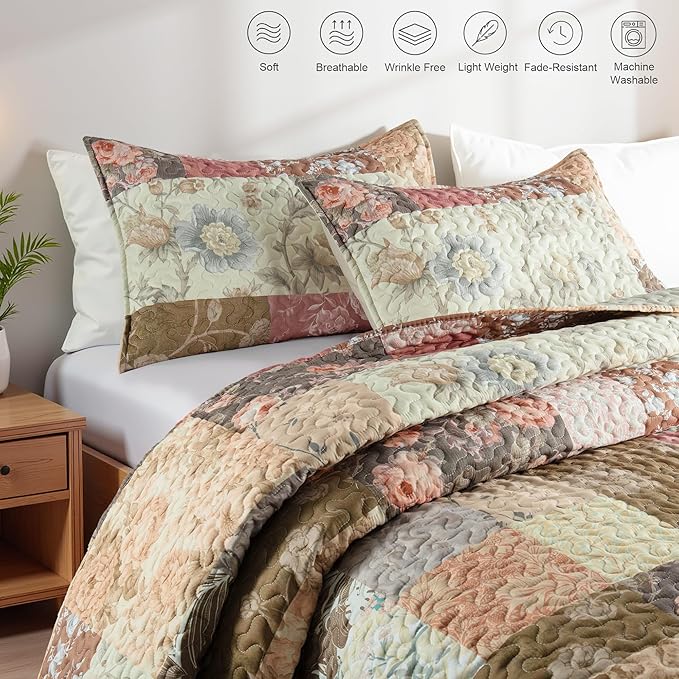 Whale Flotilla Patchwork Quilts Queen Size, Extra Soft Floral Bedspreads | Vintage Red Flowers Reversible Lightweight Full Queen Quilt Bedding Set, Printed Coverlet with 2 Pillow Shams for All Seasons