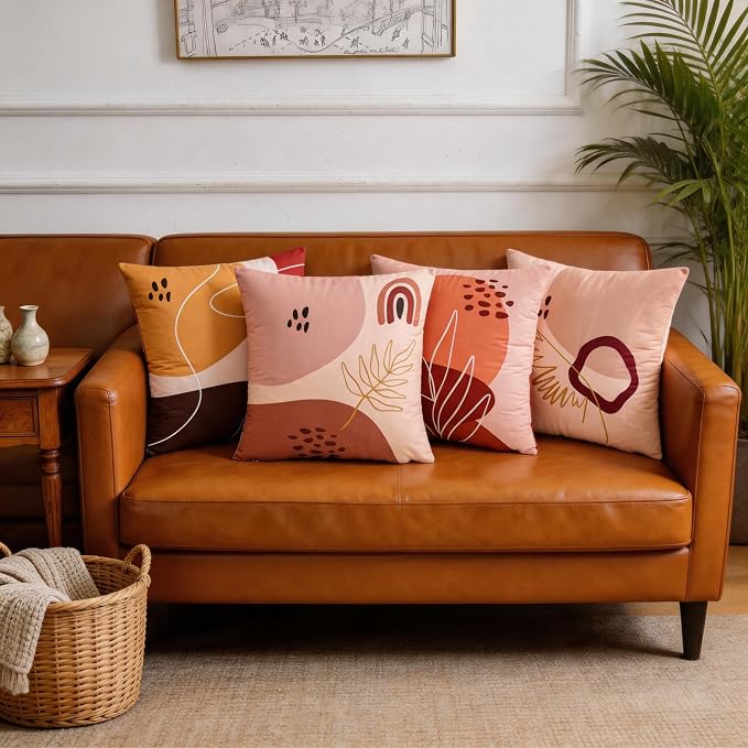Boho Throw Pillow Covers 18x18 Set of 4 Terracotta Blush Minimalist Abstract Art Cushion Covers with Hidden Zipper, Soft Polyester Double Sided Print, Machine Washable, No Inserts