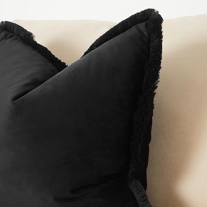 JUSPURBET Pack of 2 Black Decorative Fringe Velvet Throw Pillow Covers 18x18 for Home Decor Living Room Bedroom Car Boho Soft Cushion Cover with Hidden Zipper Machine Washable