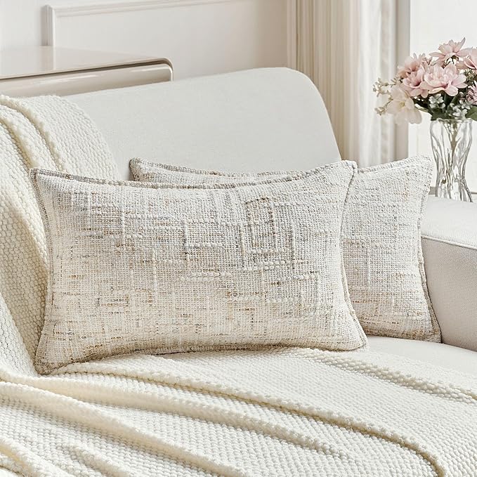 FUTEI Pack of 2 Chenille Tweed Vintage Throw Pillow Covers 12x20 Inch Soft Decorative Lumbar Pillowcase Modern Farmhouse Accent for Couch Bed Living Room, Cream