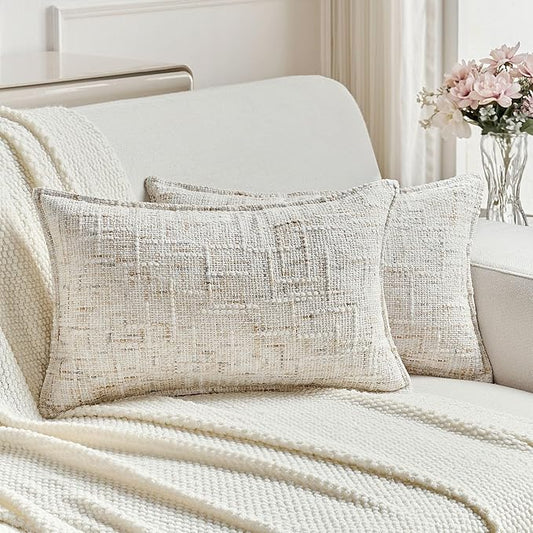 FUTEI Pack of 2 Chenille Tweed Vintage Throw Pillow Covers 12x20 Inch Soft Decorative Lumbar Pillowcase Modern Farmhouse Accent for Couch Bed Living Room, Cream