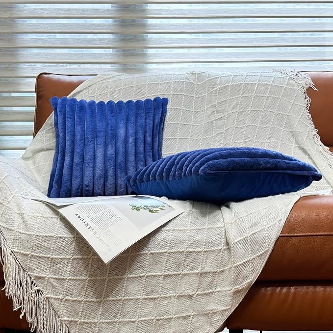 COTEY 18x18 Decorative Faux Fur Throw Pillow Covers Set of 2- Blue