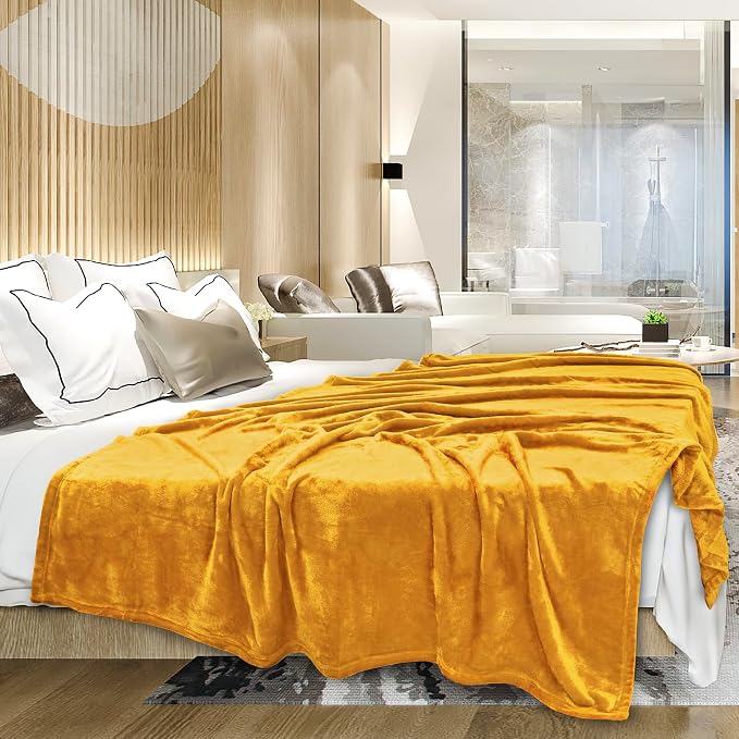 PAVILIA Mustard Yellow Fleece Throw Blanket for Couch, Gold Soft Fuzzy Flannel Throw for Sofa, Luxury Plush Microfiber Bed Blanket, Cozy Home Decorative Velvet Gift Blanket, 50x60
