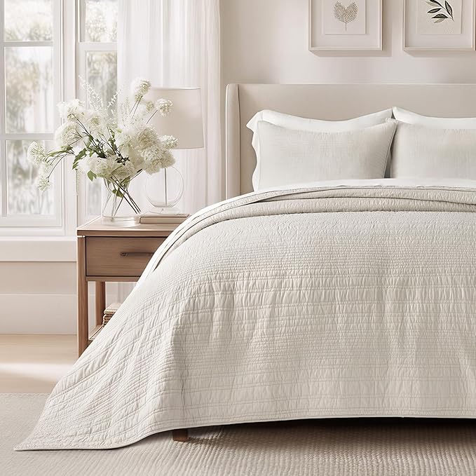 EVERGRACEHOME 100% Cotton Quilt Set Oversized Cal King, Birch | Pre-Washed Soft Cotton, Striped Coverlet Bedspread, 3 Piece Lightweight Bedding Set for All Season, with 2 Pillow Shams