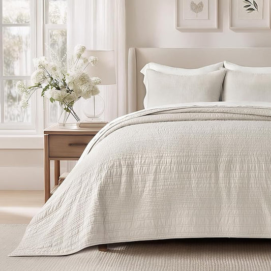 EVERGRACEHOME 100% Cotton Quilt Set Oversized Cal King, Birch | Pre-Washed Soft Cotton, Striped Coverlet Bedspread, 3 Piece Lightweight Bedding Set for All Season, with 2 Pillow Shams