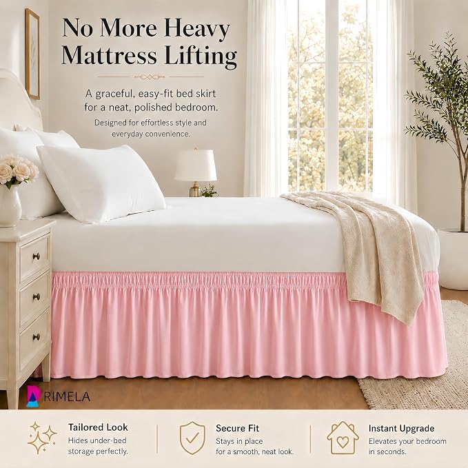 Pink Bed Skirt Queen Size 15 Inch Drop, Elastic Wrap Around Bedskirt | Solid Ruffled, Easy to Use, No Mattress Lifting, Wrinkle & Fade Resistant, with Adhesive Strips, Machine Wash/Dry/Iron