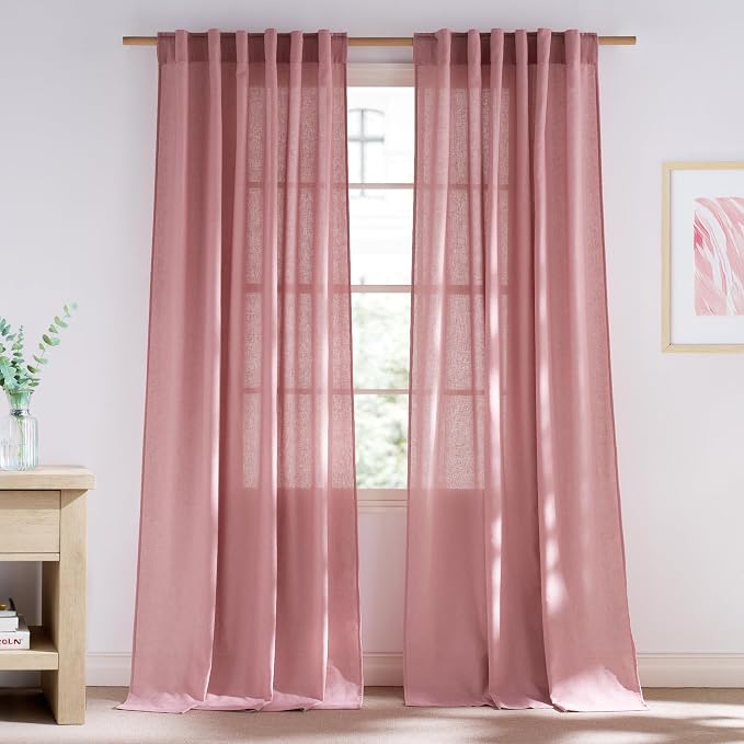 NICETOWN Thick Pink Sheer Curtains 96 inches Long for Girls Room, Rod Pocket & Back Tab Flax Linen Burlap Window Treatments Privacy Assured with Light Filtering for Bedroom, W55 x L96, 2 Panels