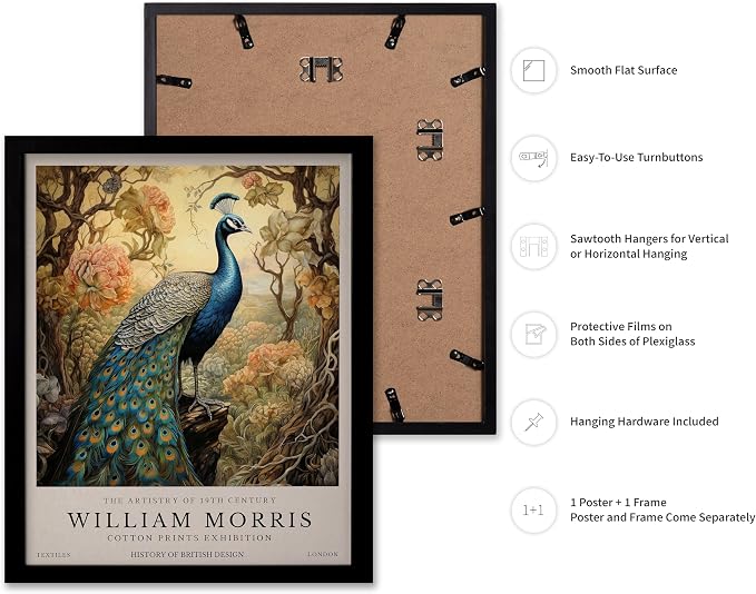 Poster Master William Morris Poster - Peacock Print - Bird Art - Botanical Design - Flower Art - Exhibition Display - Animal Illustration - Floral Design - Aesthetic Office or Bedroom Decor - 16x20 Black Framed