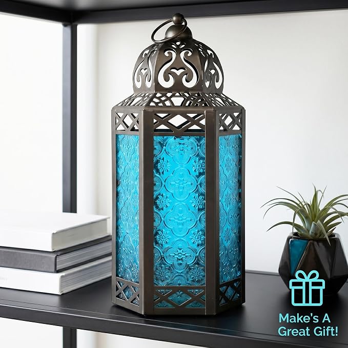 Vela Lanterns Decorative Indoor Candle Holder Table Centerpieces - Moroccan Hanging Outdoor Patio & Porch Home Decor, Turkish Lamp for Wedding, Ramadan (Large 12", Blue Glass)