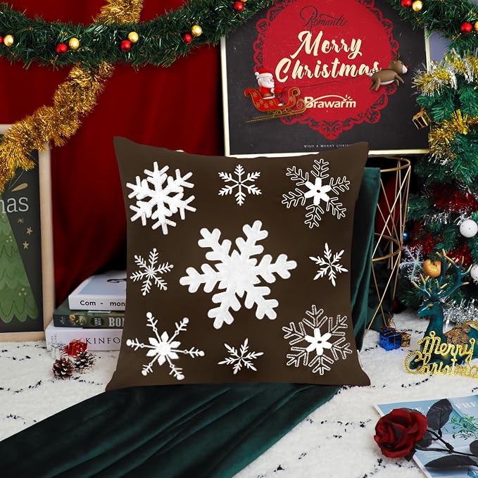 BRAWARM Christmas Pillow Cover 18 X 18 Inches, Coffee Snowflake Embroidered Pillow Cover, Soft Velvet Decorative Throw Pillow for Couch Bed Sofa Living Room Home