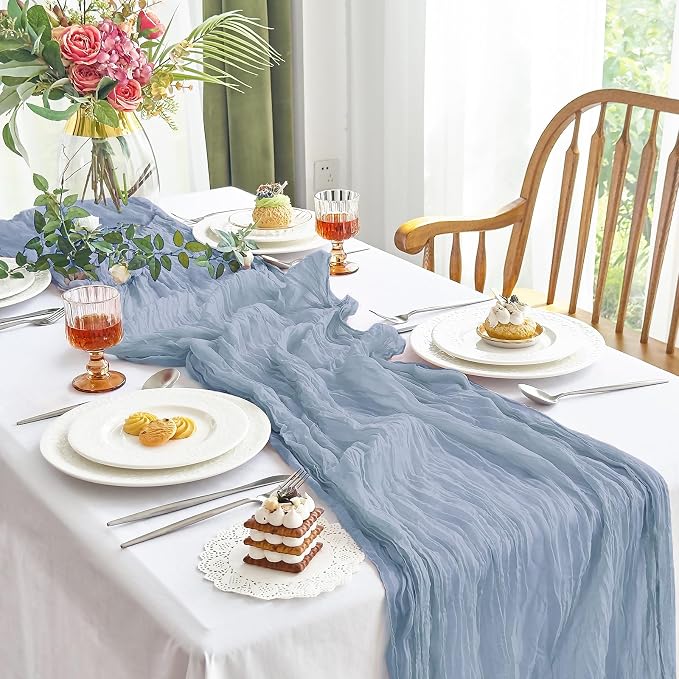 IVAPUPU Dusty Blue Table Runner 120 Inches for Birthday Party Home Decor | 6 Pcs Boho Gauze 10FT Cheesecloth Table Runners for Wedding Baby Shower Decorations Summer Garden Farmhouse