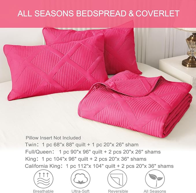 Exclusivo Mezcla Quilts Queen Size, Hot Pink | Soft Bedspreads with 2 Pillow Shams, Modern Striped Pattern, Lightweight Bedding Set Coverlets for All Seasons, 90x96 Inch