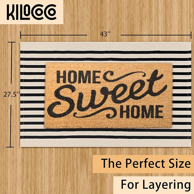 KILOCOCO Beige Striped Rug 2.3'x3.6' Indoor Outdoor Rugs Front Door Mat | Cotton Washable Striped Front Porch Rug, Woven Layered Doormats, Welcome Mat for Entryway, Low Pile Kitchen Rugs