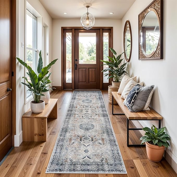 Washable Kitchen 3x8 Runner Rug - 3x8 Hallway Rug Distressed Mats Non-Slip Soft Room Floor Carpet for Dining Room (Grey/Blue, 3x8)