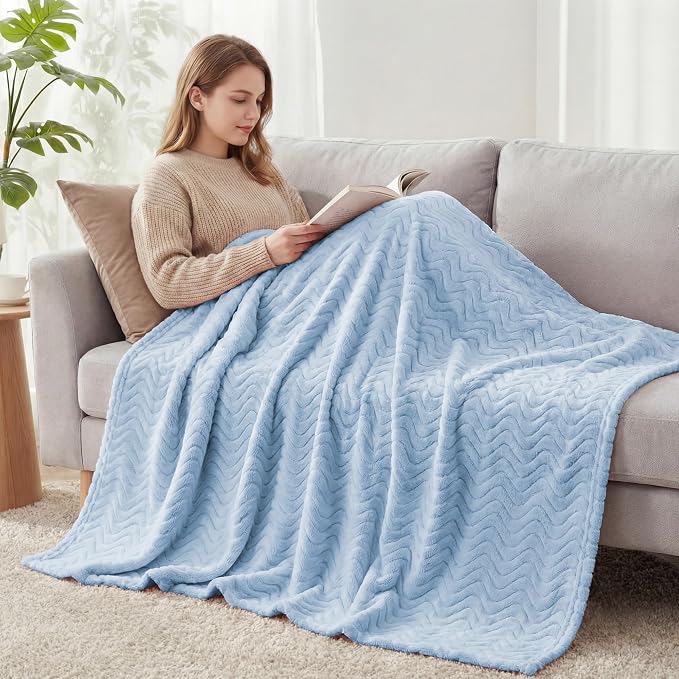 Exclusivo Mezcla Soft Fleece Blanket Twin Size for Bed, Sofa, Light Blue | 90"x66" Breathable Lightweight Flannel Blanket for Summer, Plush Cozy Jacquard Wave for Home Decor