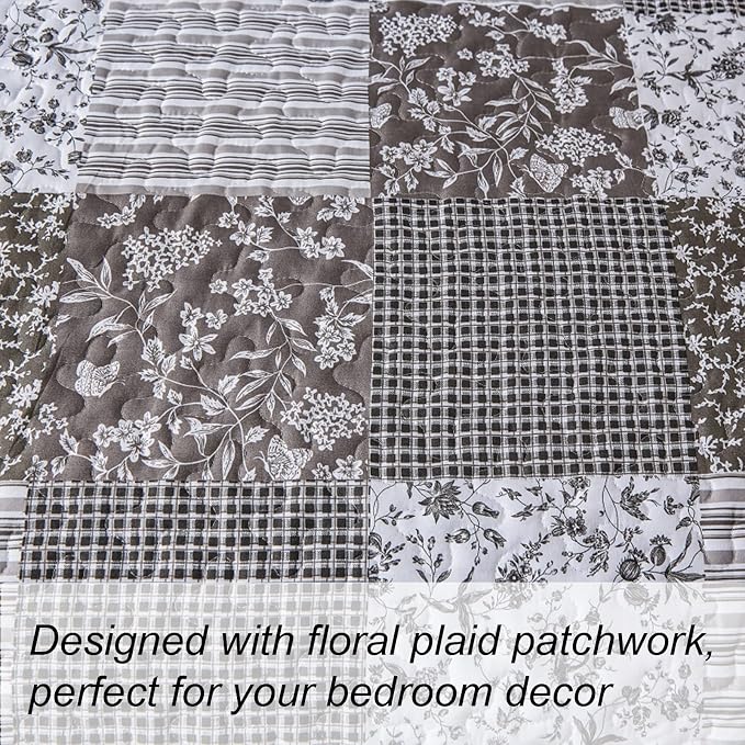 Mybedsoul Grey Boho Quilt King Size, Patchwork Floral Bedding Set | Soft Lightweight Microfiber Coverlet Set, 3 Pieces Plaid Reversible Bedspread, Bed Sets for All Seasons 90"x110"