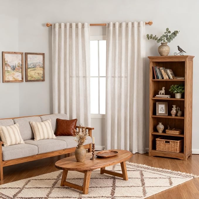 MYSKY HOME Natural Linen Curtains for Living Room, Semi Sheer Curtains & Drapes 80 inches Length 2 Panels Set Farmhouse Country Style Back Tab Draperies for Sliding Glass Door, 50" Wide, Linen
