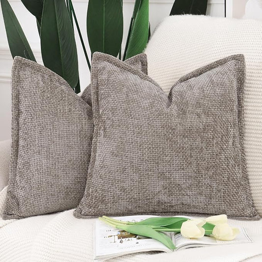 MADIZZ Decorative Chenille Velvet Throw Pillow Covers Set of 2 Soft Boho Textured Neutral Couch Throw Pillow for Bed Modern Farmhouse Home Decor for Sofa Livingroom Taupe 18x18 Inch